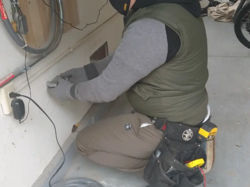 Electrician performing outlet wiring in a Dyersville garage